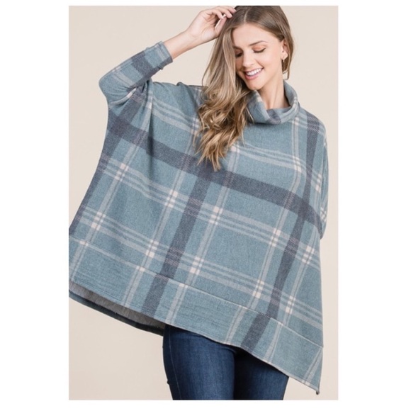 Fuzzy Poncho Top Plaid Dolman Sleeve Slouchy Fit With Cowl Neck and Side Split - Picture 3 of 10